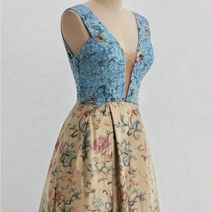 Sherri Hill Blue and Cream Floral Maxi Dress